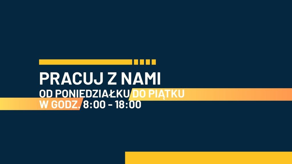 niebieskie tło białe napisy zolte wstawki godziny otwarcia